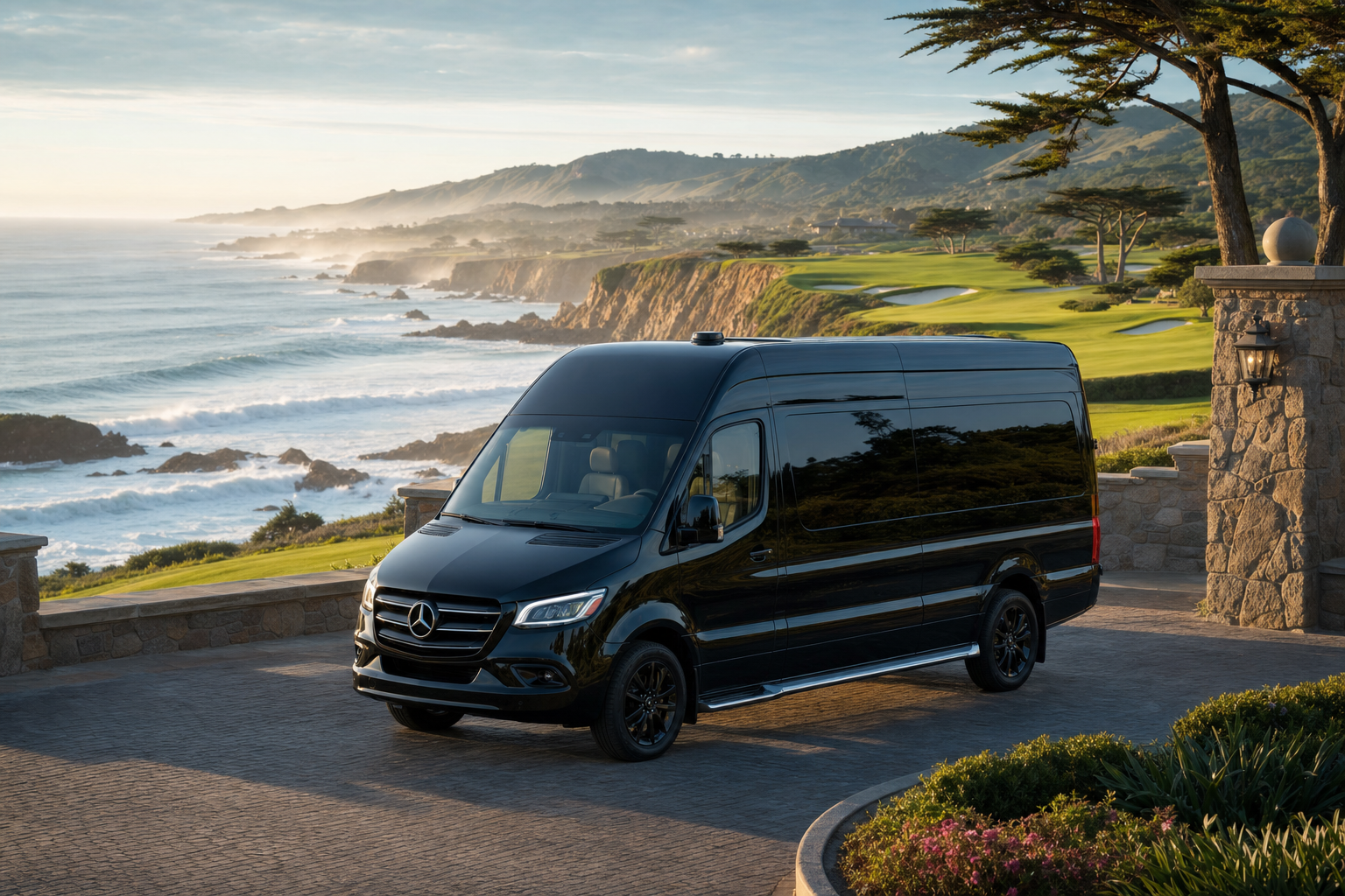 Black Mercedes Sprinter executive van at the entrance of Pebble Beach golf resort overlooking the Pacific Ocean
